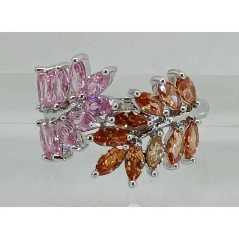 Vintage‎ Ring Size 9.5 Silver Tone White Gold GP Pink Champagne Amber CZ Spray